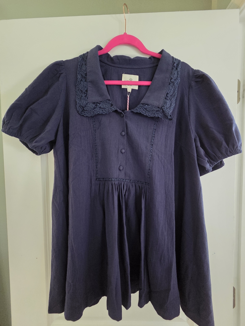 Umgee Navy Button-Front Babydoll Top with Lace Collar